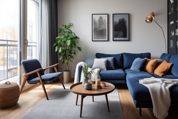 Foto divano blu scuro e poltrona reclinabile in appartamento scandinavo