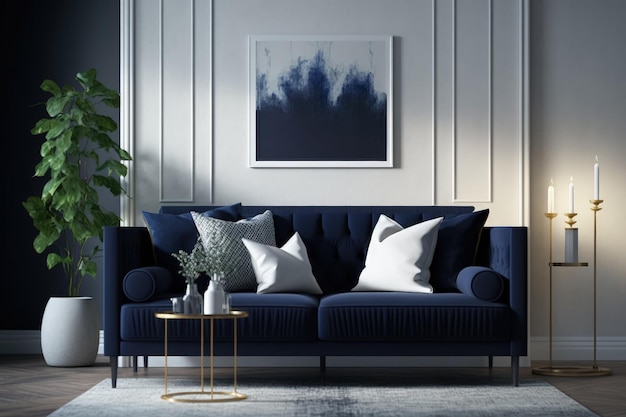 Dark blue sofa table and accents in a mockup of a contemporary homes living room