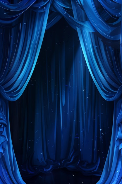 Dark blue theater curtains with spotlight on stage theatrical drapery template