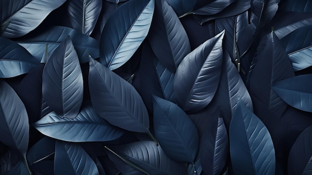 Dark blue tropical leaves texture background with copy space for nature concept