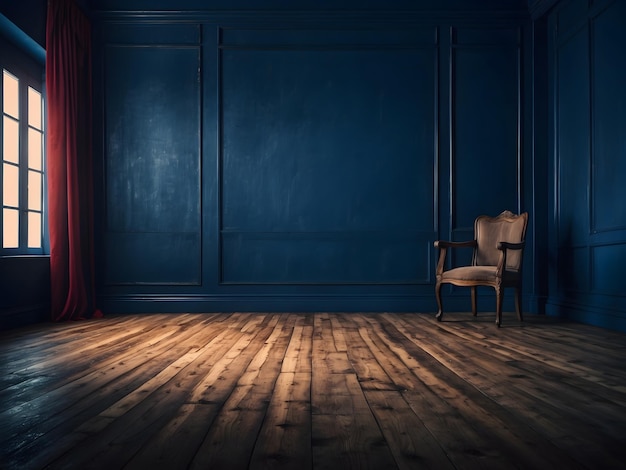 Dark blue wall in an empty room with a wooden floor design