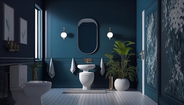 On a dark blue wall Generative AI modern bathroom design