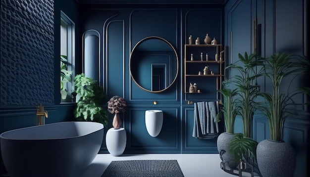 On a dark blue wall Generative AI modern bathroom design