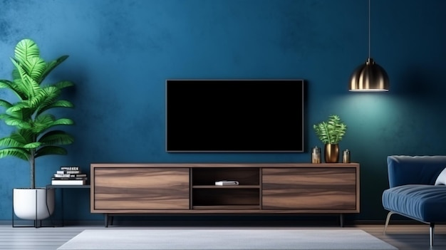 写真 ソファのあるリビングルームの木製キャビネットにテレビがある夜の濃い青い壁