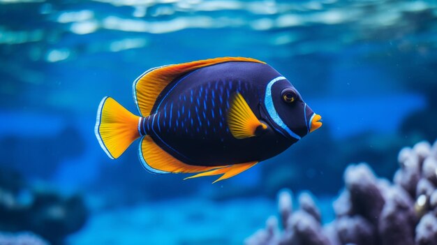 Photo dark blue and yellow fish in the ocean