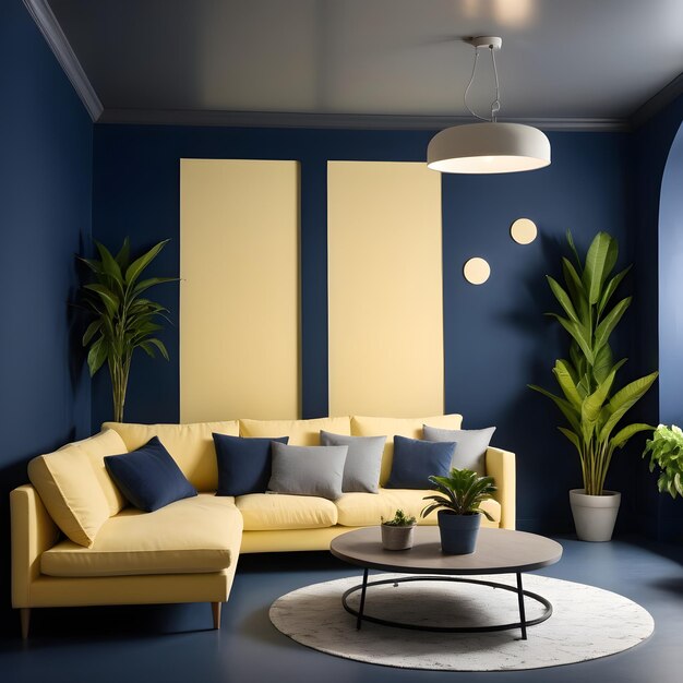 Photo dark blue and yellow home interior