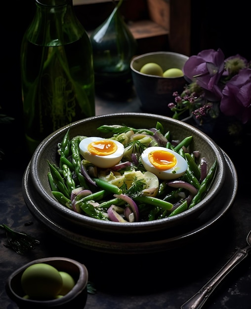 Dark bowl of green bean vegetable and egg salad Ai Generative Ai Generative