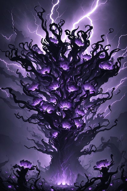 Dark branches with dark purple flowers and lightning