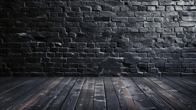 Photo dark brick wall and wooden floor in an empty room in the style of minimalist generative ai