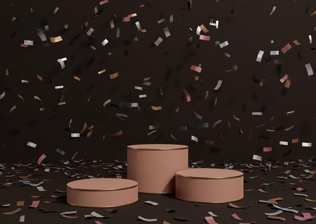 Dark brown 3D product display podiums colorful confetti celebration anniversary golden luxury