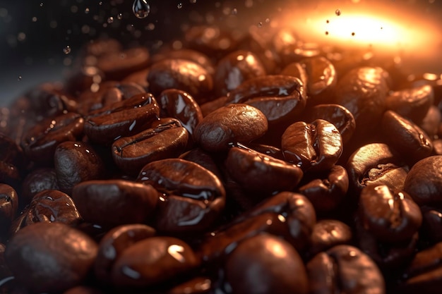Dark brown coffee beans with water drops