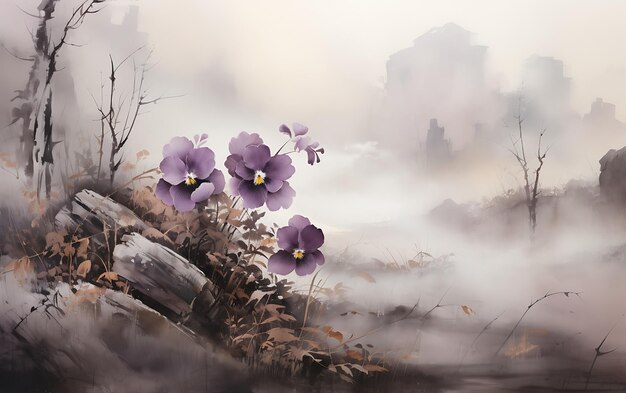 Photo dark brown colored scene landscape with pansy