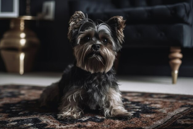 Dark brown dog portrait on a soft carpet furniture with a dark design is in the backdrop