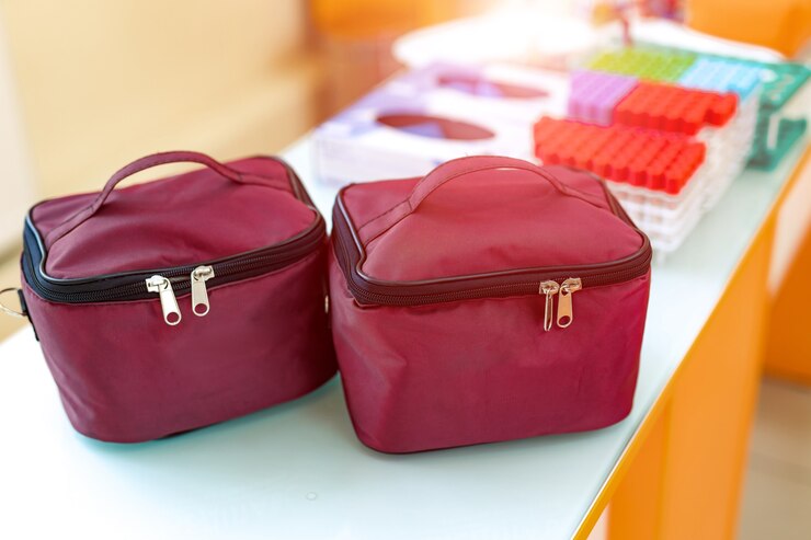 Photo dark brown fabric cosmetic bags with zipper. two bags for cosmetic on table with blurred background.