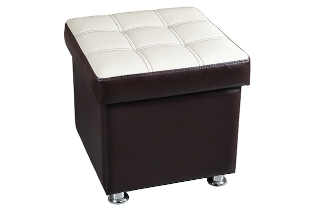 Dark brown faux leather ottoman seat storage with white top, isolated on white background, include clipping path.