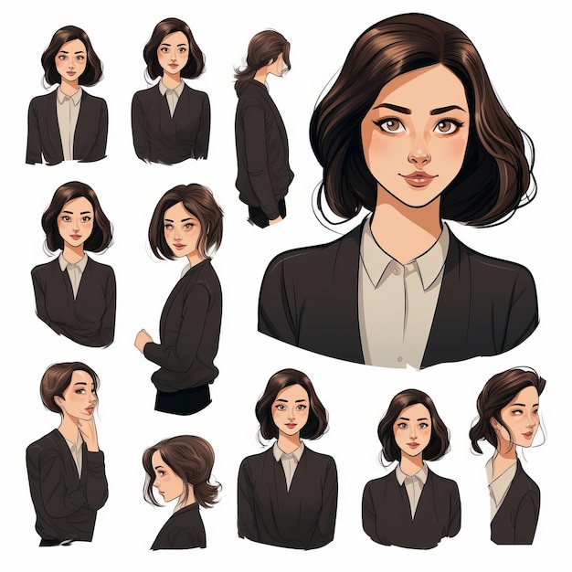 Dark Brown And Light Black Caricaturelike Female Character Portraits With Understated Sophistication