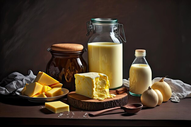 Dark brown table filled with dairy product cheese and butter