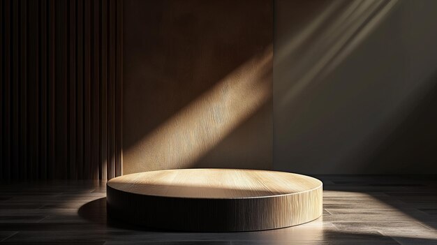 Темно-коричневый деревянный подиум в тихой роскошной комнате с мраморным полом на заднем плане
