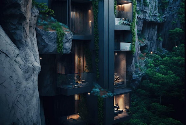 A dark building with a balcony and plants on the side.