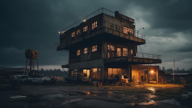 A dark building with a large building in the center and a dark sky with lights on.