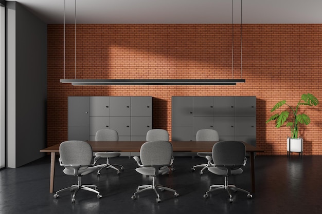 Dark business office room interior with meeting table and shelf with plant