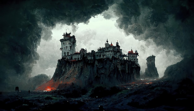 Dark castle on a cliff concept art illustration