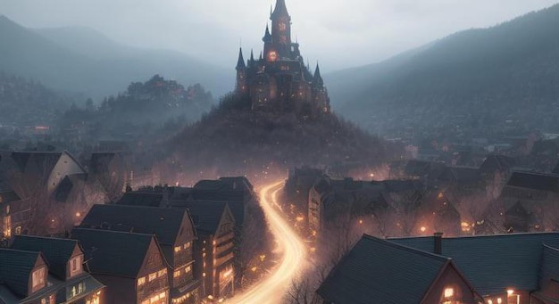 Dark castle at the end of a village in a fantasy scene