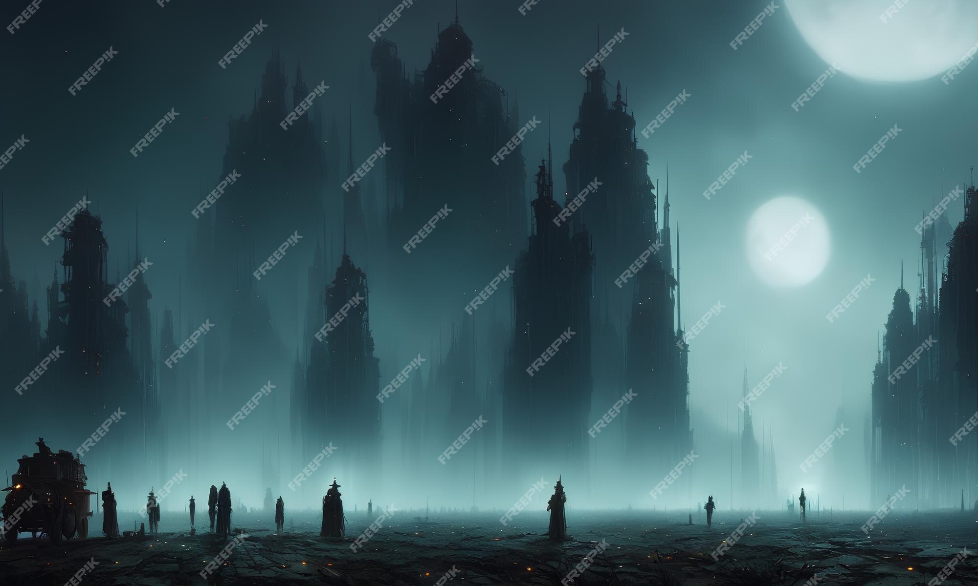 Cyberpunk streets illustration, futuristic city, dystoptic artwork at  night, 4k wallpaper. Rain foggy, moody empty future. Evil buildings Stock  Illustration