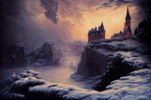 Dark castle in the valley dark atmosphere of hell and dracula\
mysterious fantasy wallpaperai neural network computer generated\
art