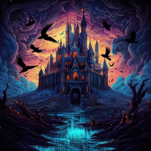 A dark castle with black birds on the bottom