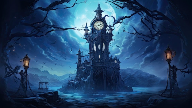 a dark castle with a clock on the front and the moon behind it.