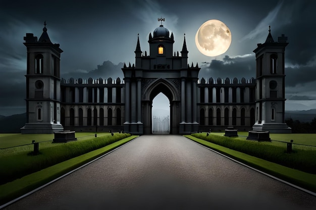 A dark castle with a full moon in the background