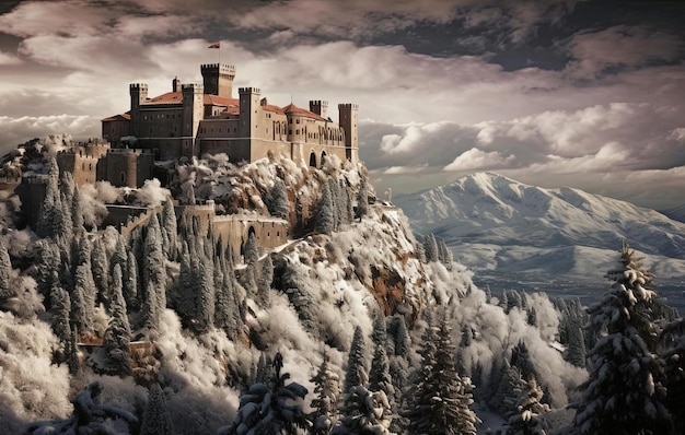 a dark castle with snow covered trees in the background