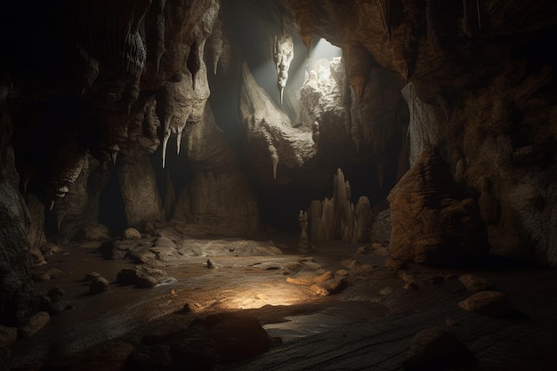 The dark cave is a dark cave with a light on the left side and a light on the right side.