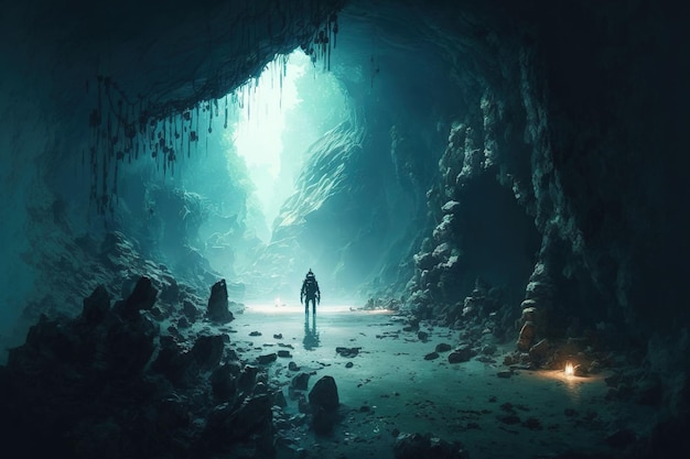 Dark cave underwater diver and cavern scenery