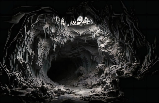 A dark cave with a black background