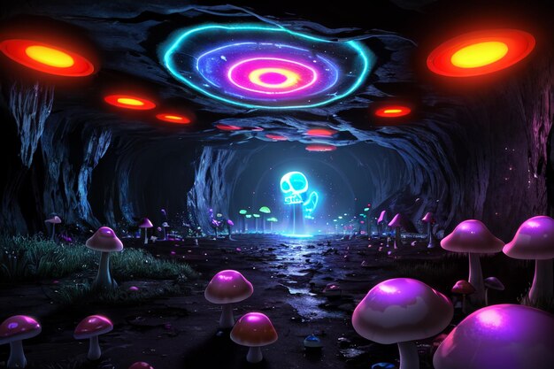 A dark cave with a blue alien in the middle and a mushroom shaped roof