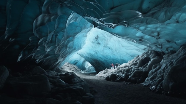 A dark cave with a blue ice cave in the background.