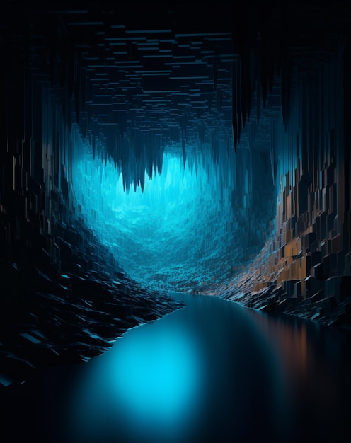 A dark cave with a blue ice cave.