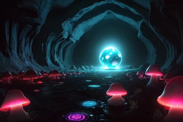 A dark cave with a blue planet in the middle.