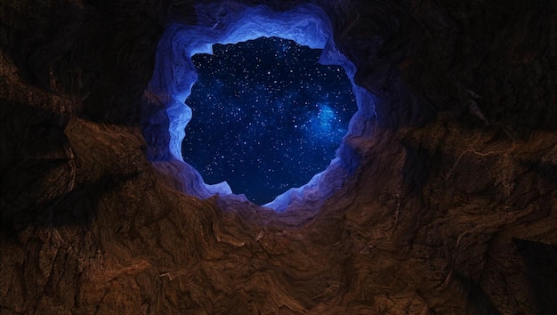 A dark cave with a blue star in the sky