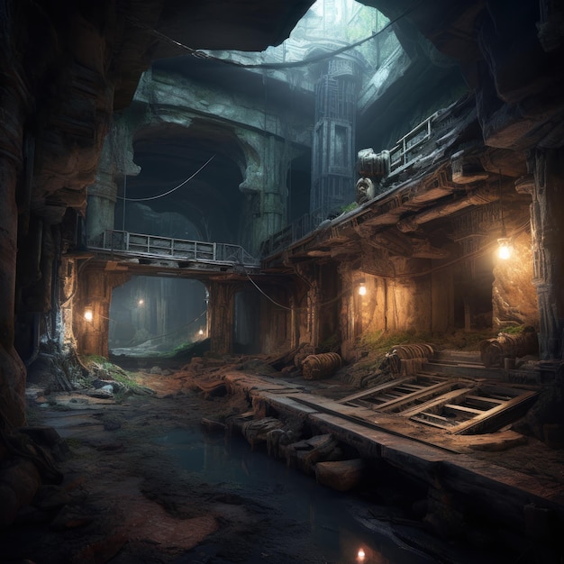 A dark cave with a bridge and a light on it.