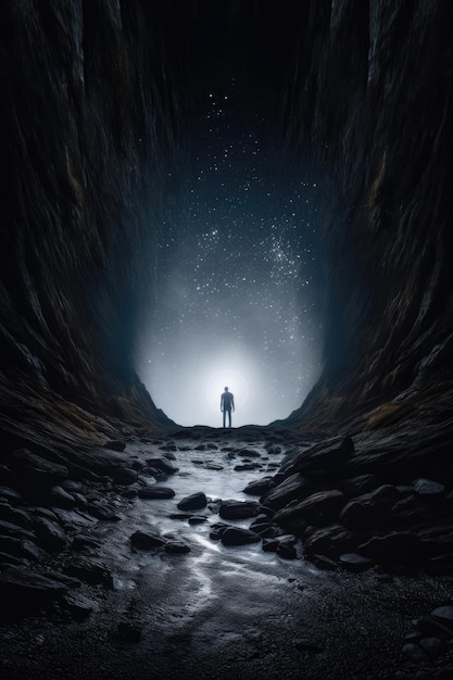 Dark cave with a human standing in front of it in the style of realistic landscapes with soft tonal colors