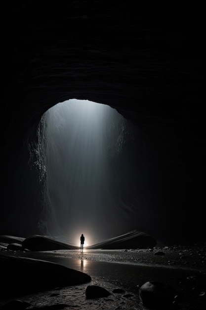 부드러운 색조의 현실적인 풍경 스타일로 앞에 인간이 서 있는 어두운 동굴