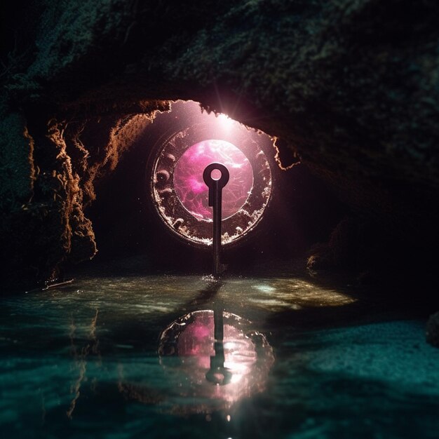 A dark cave with a key in the middle that says'the key '