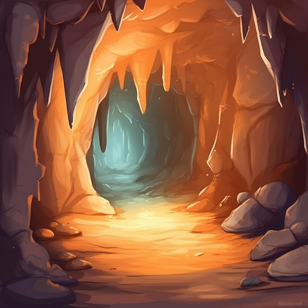 A dark cave with a light at the bottom of it