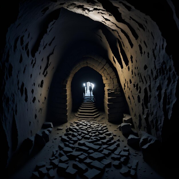 A dark cave with a light on the ceiling and a light on the ceiling