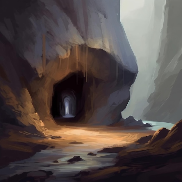 a dark cave with a light coming through it