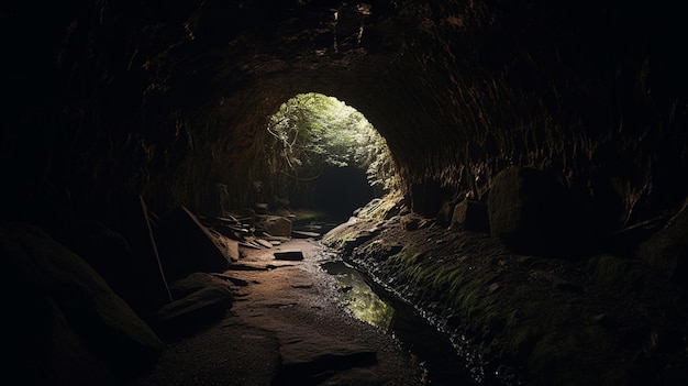 A dark cave with a light at the end of the tunnel