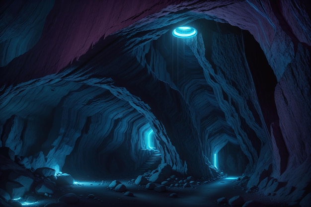 A dark cave with a light on the left side and a light on the right side